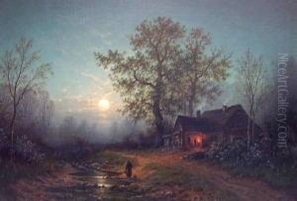 Mondscheinlandschaft Mit Schmiedewerkstatt Oil Painting by Georg Schmitz