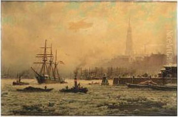 View Of The Harbour Of Hamburg In Winter Oil Painting by Georg Schmitz