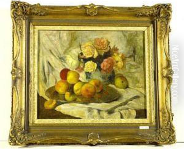 Stillleben Mit Obst Und Rosen. Oil Painting by Carl Schmitz-Pleis