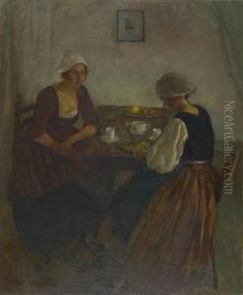 Zwei Frauen Am Kaffeetisch. Oil Painting by Carl Schmitz-Pleis