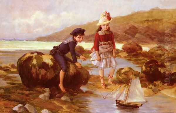 Enfants Pechant Oil Painting by Charles Jean Auguste Escudier