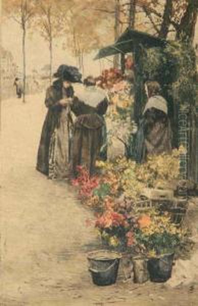 A Flowermarket Oil Painting by Ferdinand Schmutzer