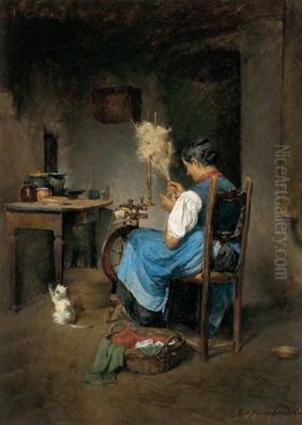 On The Spinning Wheel Oil Painting by Ferdinand Schmutzer