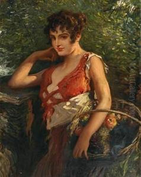 Portrait Of A Young Beauty With Fruit Basket Oil Painting by Leopold Schmutzler