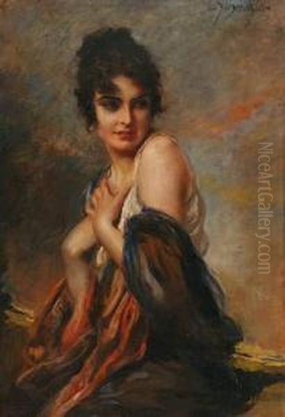 Jeune Femme Au Chale Bleu Oil Painting by Leopold Schmutzler