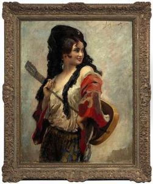 A Southern Dancer With A Guitar Oil Painting by Leopold Schmutzler