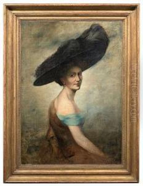 Portrait Of A Lady With A Great Hat Oil Painting by Leopold Schmutzler