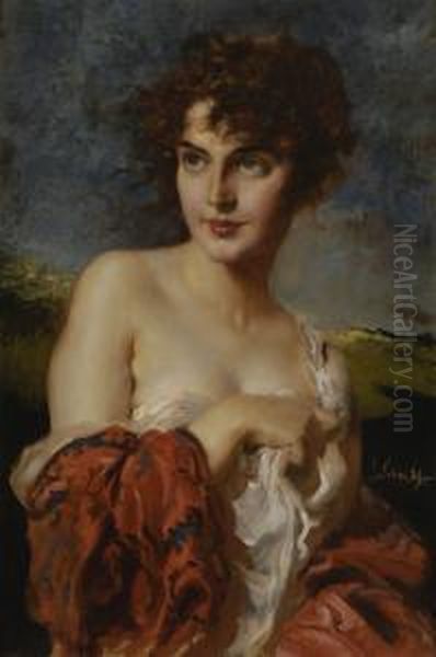 Junge Frau Mit Rotem Schal. Oil Painting by Leopold Schmutzler