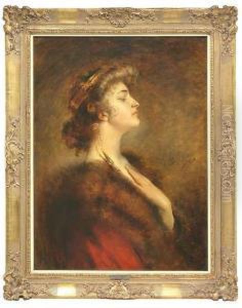 Portrait Of An Elegant Lady In 
Profile Wearing A Red Dress With A Fur Collar. Oil/cardboard, Signed Oil Painting by Leopold Schmutzler