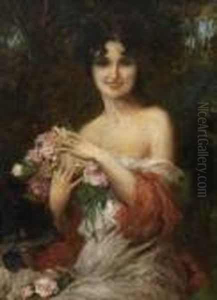 Junge Frau Mit
 Rosenbouquet. Oil Painting by Leopold Schmutzler