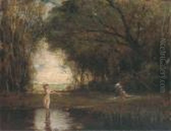 Bathers At A Woodland Pool Oil Painting by Leopold Schmutzler