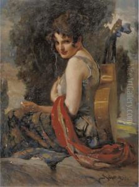 A Gypsy Girl With Her Guitar Oil Painting by Leopold Schmutzler