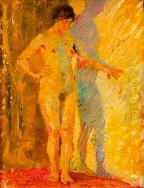 Femme Nue Debout Sur Fond Jaune Oil Painting by Emile Schneider