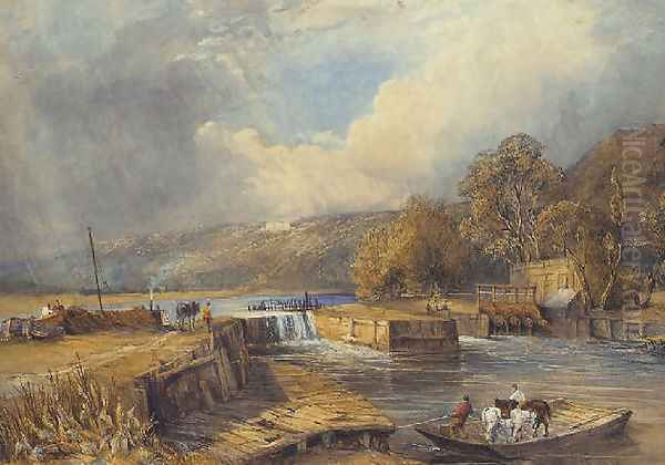 Clivedon from Cookham Weir, a horse-ferry in the foreground Oil Painting by William of Eton Evans