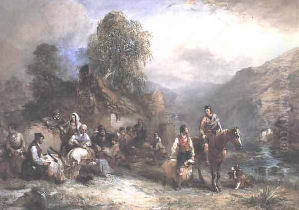 Sheep-Shearing outside a Crofters cottage in the highlands, 1844 Oil Painting by William of Eton Evans