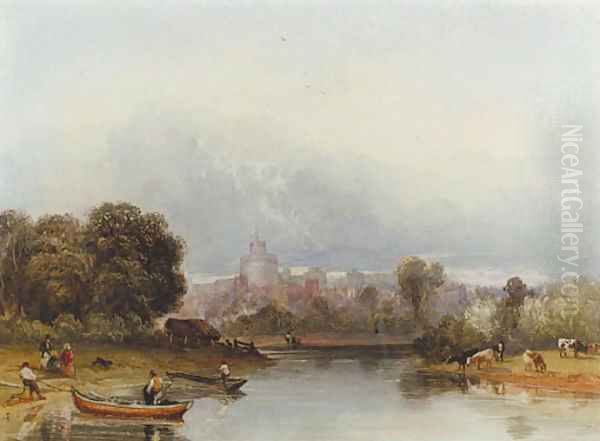 Figures and boats on the Thames below Windsor Castle Oil Painting by William of Eton Evans