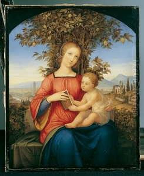 Umkreis Madonna Mit Kind Auf 
Einer Gartenbank Sitzend. Im Hintergrund Das Panorama Von Florenz. Ol 
Auf Leinwand. H 55; B 44 Cm. Provenienz: Privatsammlung, Zurich Oil Painting by Julius Schnorr Von Carolsfeld