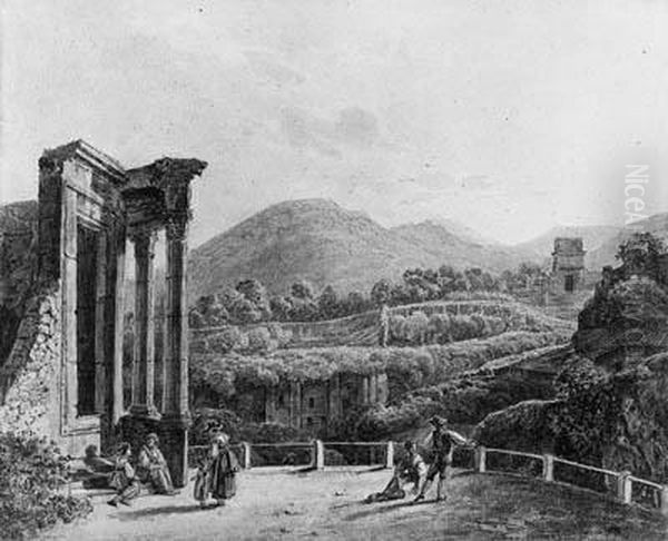 The Temple Of The Sybills At 
Tivoli With Figures Overlooking Theruins Of The Villa Gregoriana Oil Painting by Johann Nepomuk Schodlberger