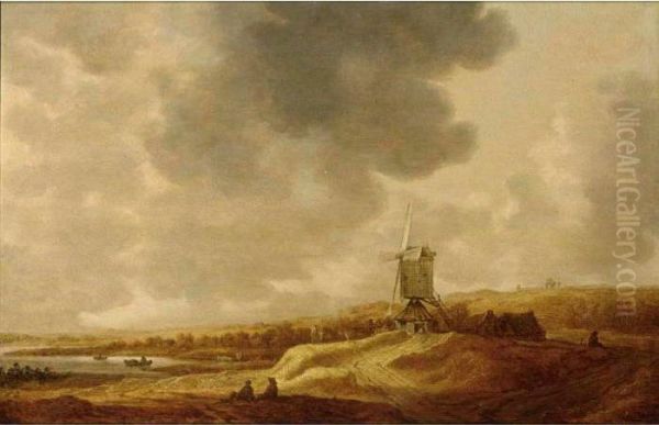 A Panoramic River Landscape With A Windmill And Travellers Resting In The Foreground Oil Painting by Johannes Pietersz. Schoeff