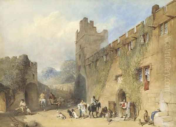 A shooting party outside Haddon Hall, Derbyshire Oil Painting by William of Eton Evans