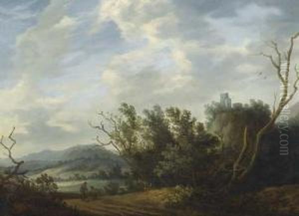 Landscape With Two People Resting And A Ruin. Oil Painting by Johannes Pietersz. Schoeff