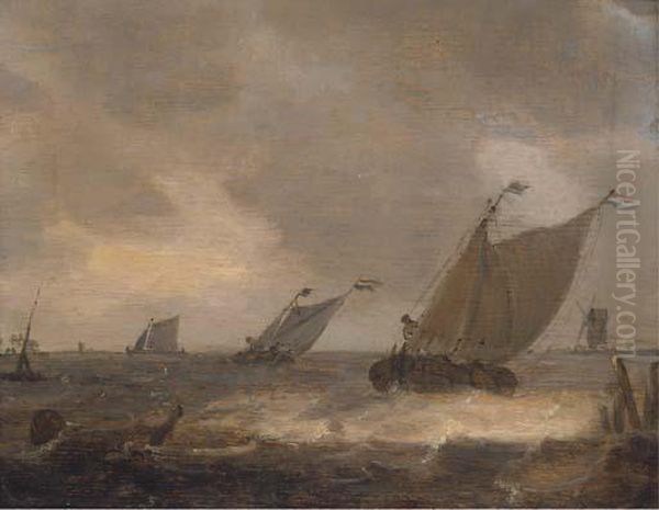 Dutch Barges In A Stiff Breeze Offshore Oil Painting by Johannes Pietersz. Schoeff