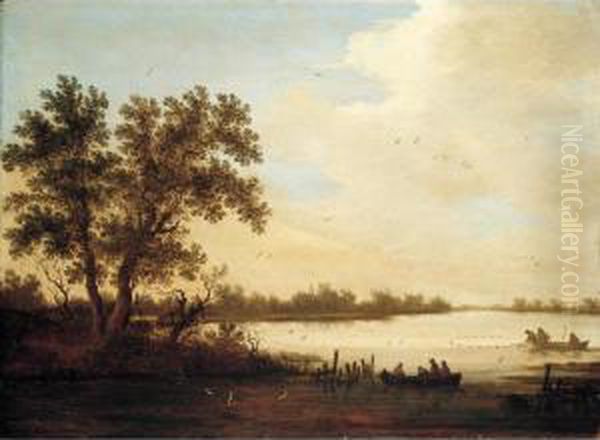 A River Landscape With Peasants Netting Fish From Boats Oil Painting by Johannes Pietersz. Schoeff