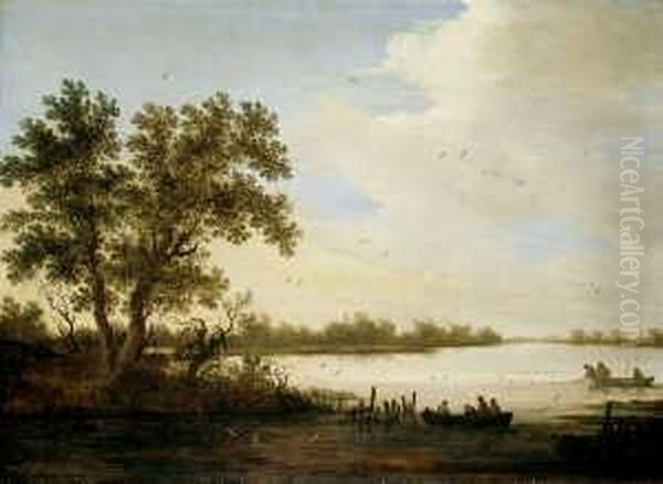 Flusslandschaft Mit Zwei Ruderbooten. Oil Painting by Johannes Pietersz. Schoeff