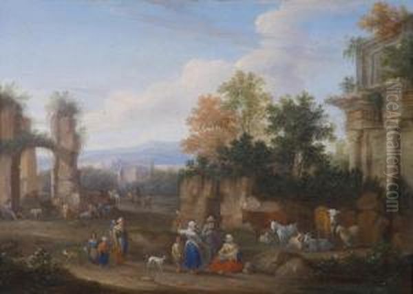 Italian Landscape With Ruins And Peasantgroups Oil Painting by Mattijs Schoevaerdts