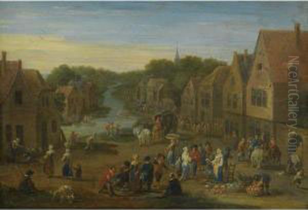 A Village Landscape With 
Numerous Figures At A Vegetable Market,a Stream Passing Through Beyond Oil Painting by Mattijs Schoevaerdts