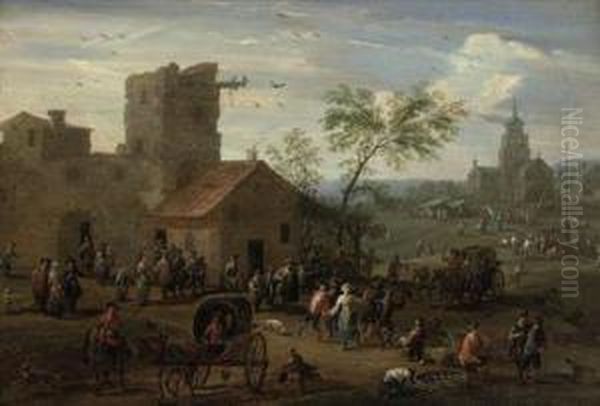 A Village 'kermesse' With Figures Making Merry, Archers Playing Agame Beyond Oil Painting by Mattijs Schoevaerdts