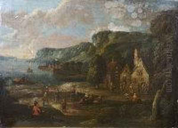 A Coastal Landscape With Numerous Figures Outside Buildings Oil Painting by Mattijs Schoevaerdts