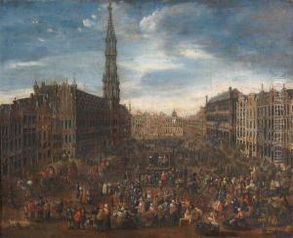 The Grand Place, Brussels, Belgium On Market Day Oil Painting by Mattijs Schoevaerdts