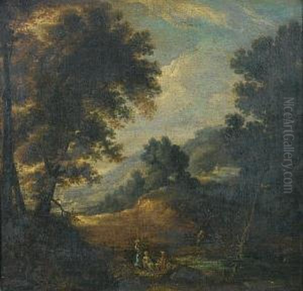 A Wooded Landscape With Figures Resting On Ariverbank Oil Painting by Mattijs Schoevaerdts