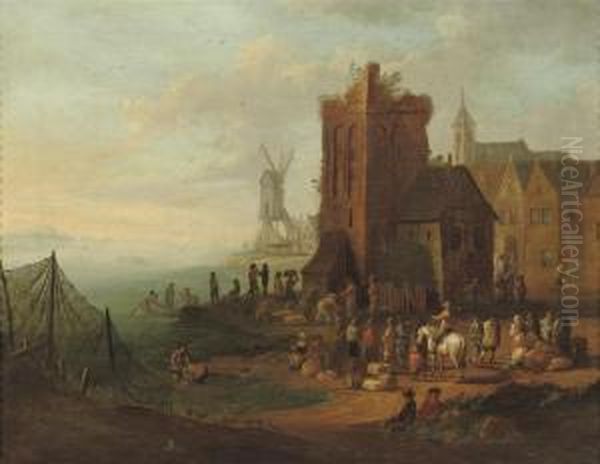 A River Landscape With Figures Near A Ruinous Tower Oil Painting by Mattijs Schoevaerdts