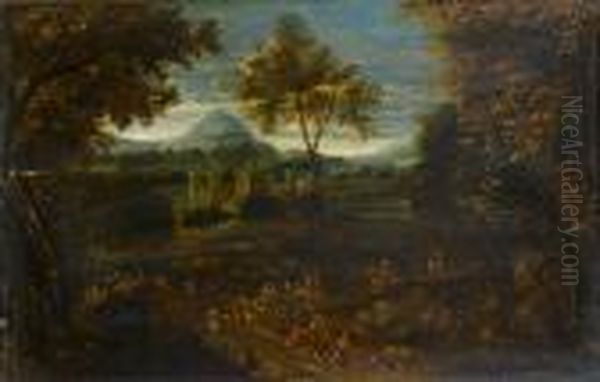 A Wooded Landscape With Travellers On A Country Path Oil Painting by Mattijs Schoevaerdts