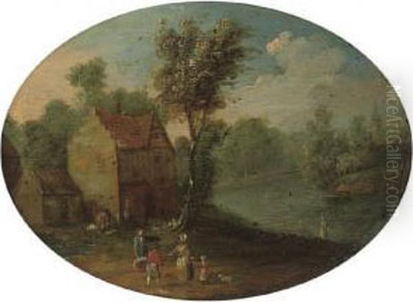 A Wooded River Landscape With Figures By A House Oil Painting by Mattijs Schoevaerdts