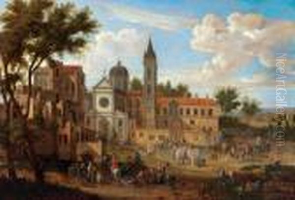 Capriccio Di Piazza Del Popolo A Roma Oil Painting by Mattijs Schoevaerdts