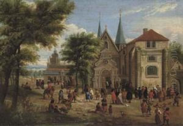 Figures Gathered In Front Of A Church In A Wooded Landscape Oil Painting by Mattijs Schoevaerdts