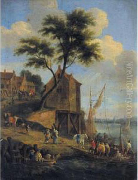 Figures Disembarking From A Ferry With Their Horses, A Village Beyond Oil Painting by Mattijs Schoevaerdts