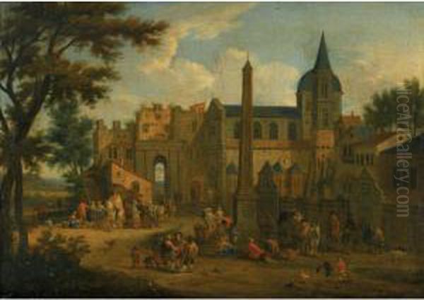 An Italianate Landscape, With Numerous Figures In A Piazza Before A Church Oil Painting by Mattijs Schoevaerdts