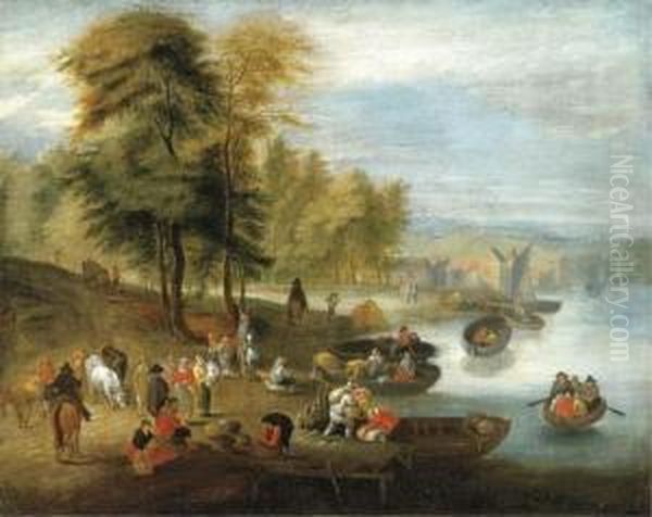 A River Estuary With Peasants Loading Barges Oil Painting by Mattijs Schoevaerdts