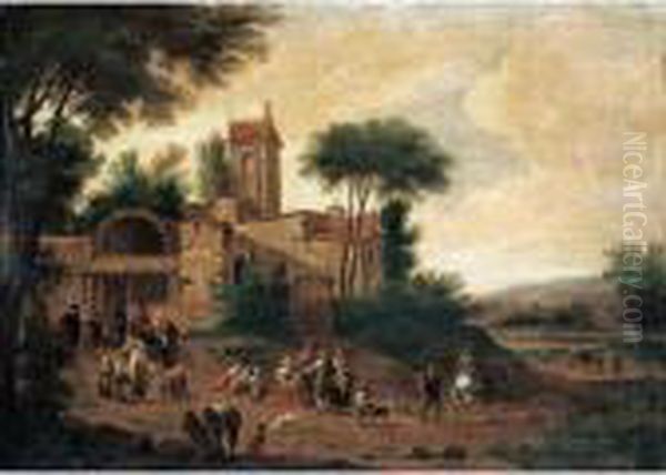 An Italianate Landscape With Figures Before A Church Oil Painting by Mattijs Schoevaerdts