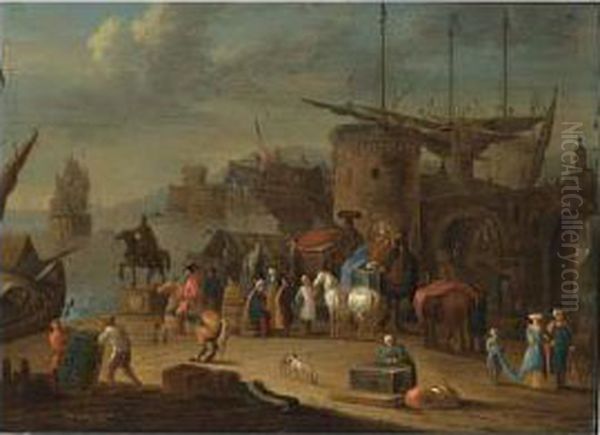 A Levantine Harbour With Camels Oil Painting by Mattijs Schoevaerdts