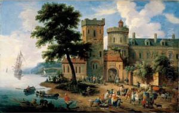 A Coastal Landscape With A Crowded Fish Market Before The Walls Of A Town Oil Painting by Mattijs Schoevaerdts