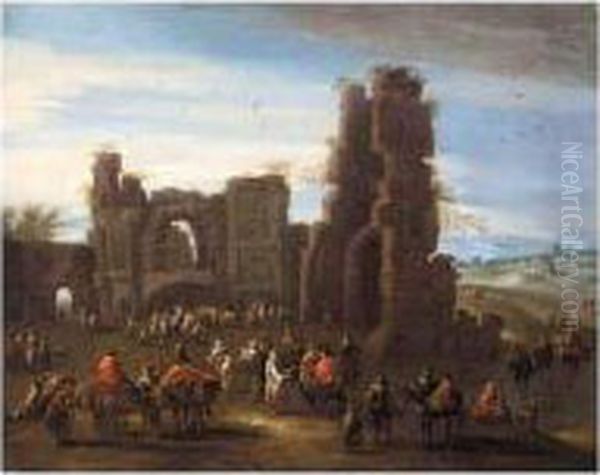 A Landscape With Travellers And Peasants Before Ruins Oil Painting by Mattijs Schoevaerdts