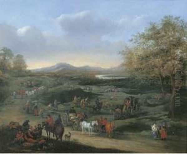 An Extensive Landscape With Travellers On A Road, Other Figuresbeyond Oil Painting by Mattijs Schoevaerdts