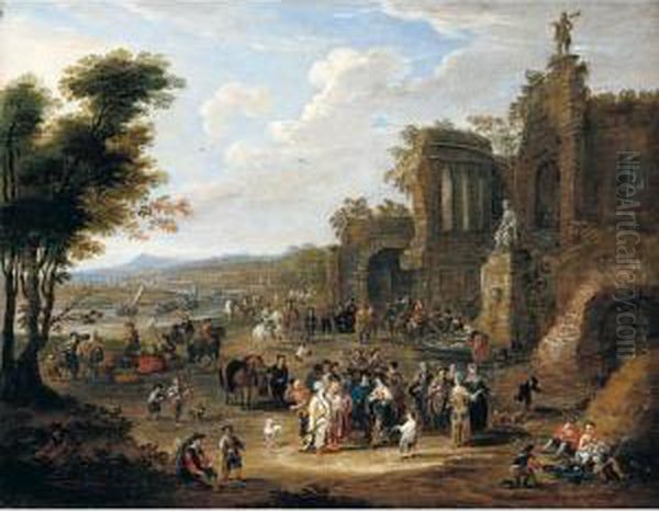 A River Landscape With Orientals And Locals Conversing Before A Set Of Ruins Oil Painting by Mattijs Schoevaerdts