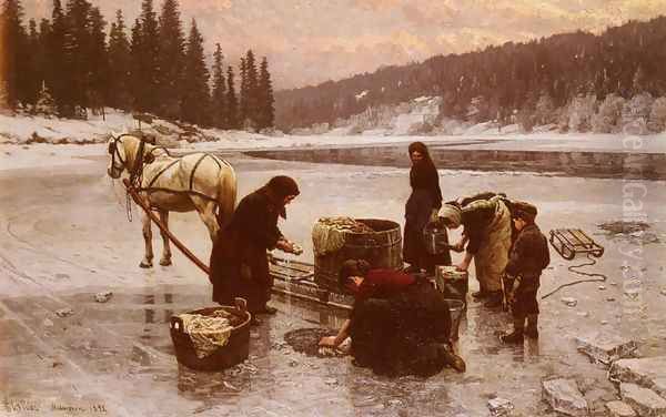 Laudering, A Winter's Day Oil Painting by Jahn Ekenaes