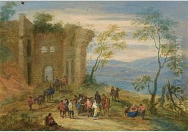 A Wooded Landscape With Gypsies,
 Horsemen And Travellers Conversing And Resting Near Ruins Oil Painting by Mattijs Schoevaerdts